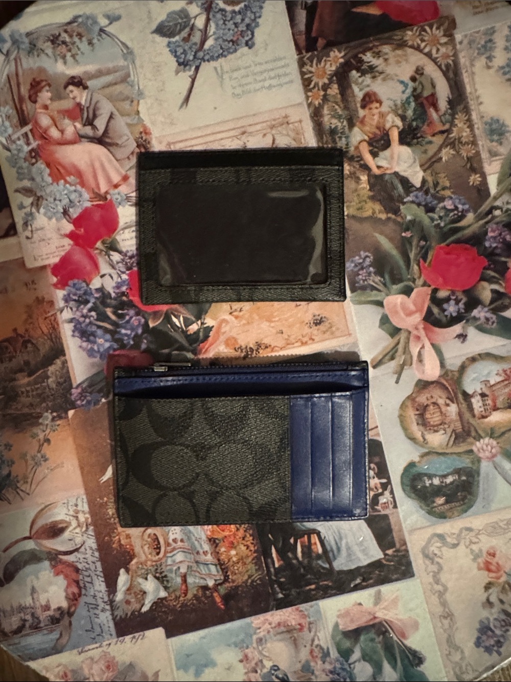 Coach Black Signature Canvas with Blue Leather Card Holder